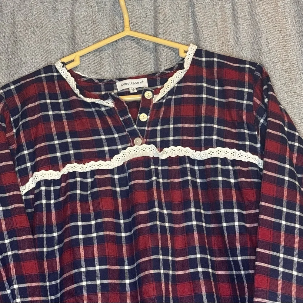 Plaid Long-Sleeve Nightgown with Lace Trim - Red/Navy